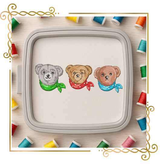 Teddy Bear Classic Style luxury heritage style 3 Elegant Embroidery Designs with Bandanas Vintage to Modern Evolution 3 Bears 2 Sizes