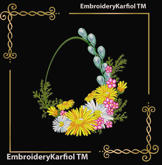 Easter machine embroidery designs: a floral Easter egg wreath with flowers and greenery