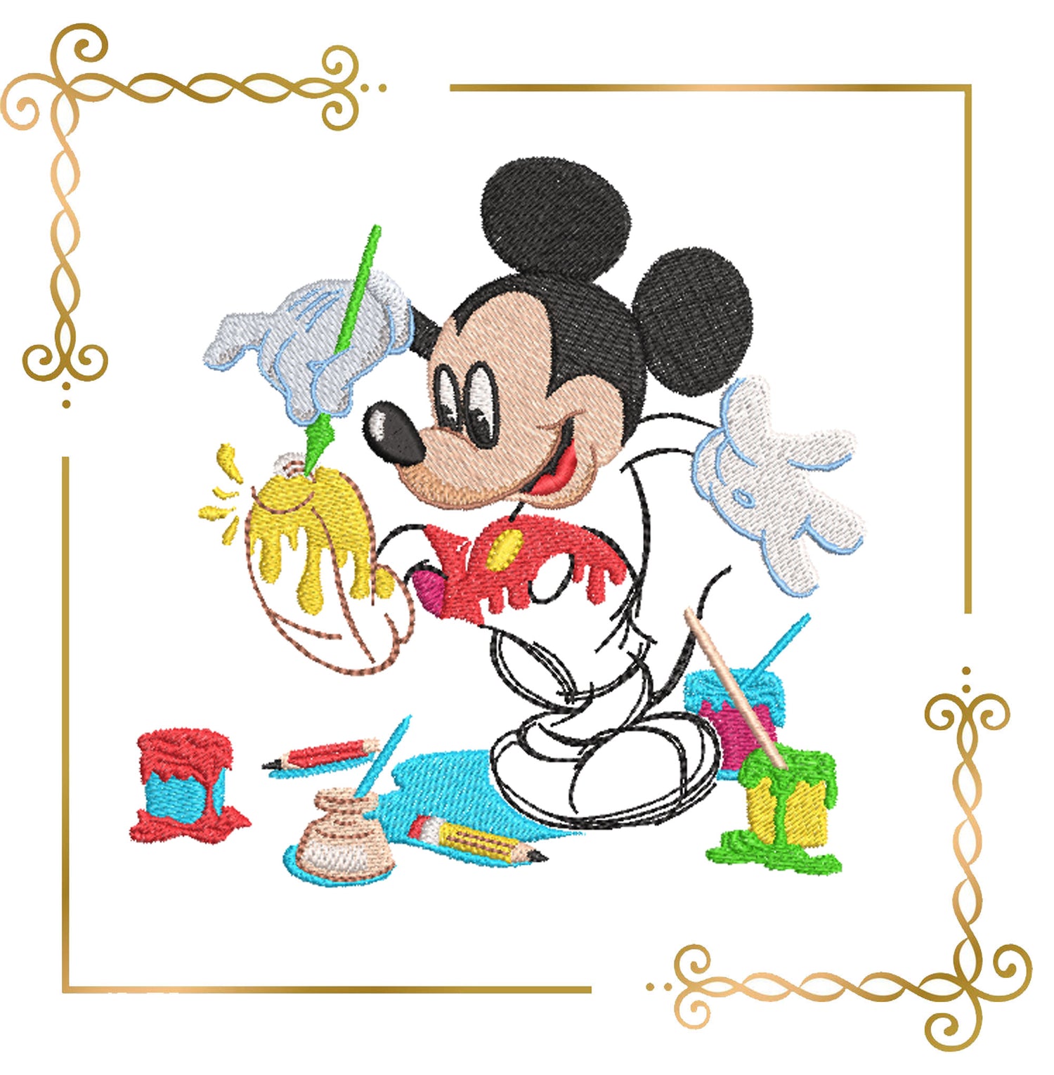 Mickey  Mouse Painting Fun, Mickey draws himself, Cartoon Mouse Artist Machine Embroidery File 3 Sizes