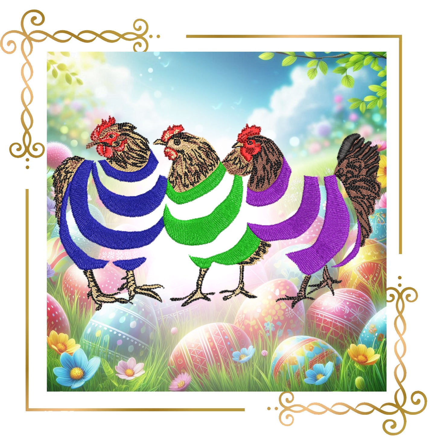 Easter Hens in Nautical Stripes – Funny Chicken Embroidery Design Digital 2 Sizes