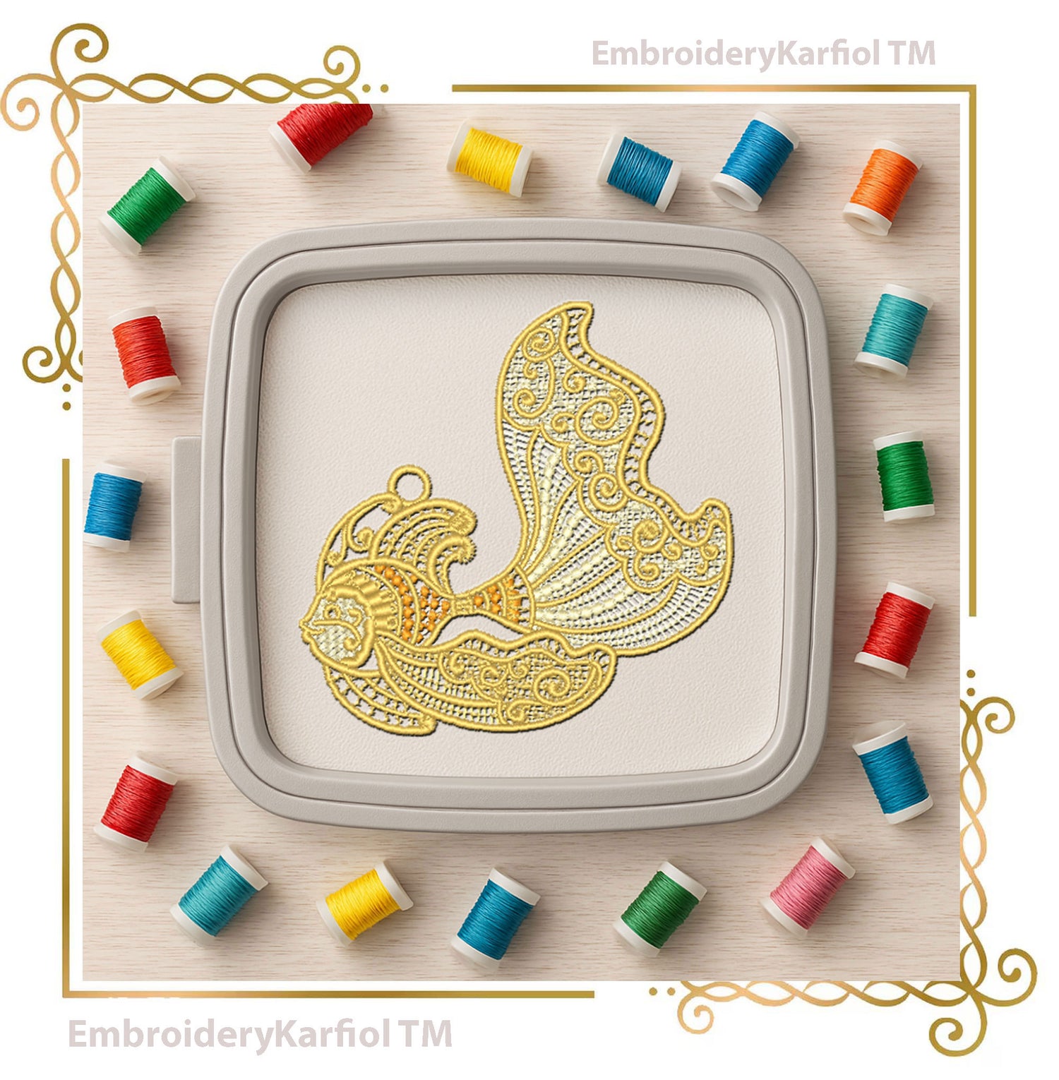 Lace Gold Lace Fish Embroidery Design, Ornamental Sea Creature, Freestanding Lace Pattern (Instant Download)