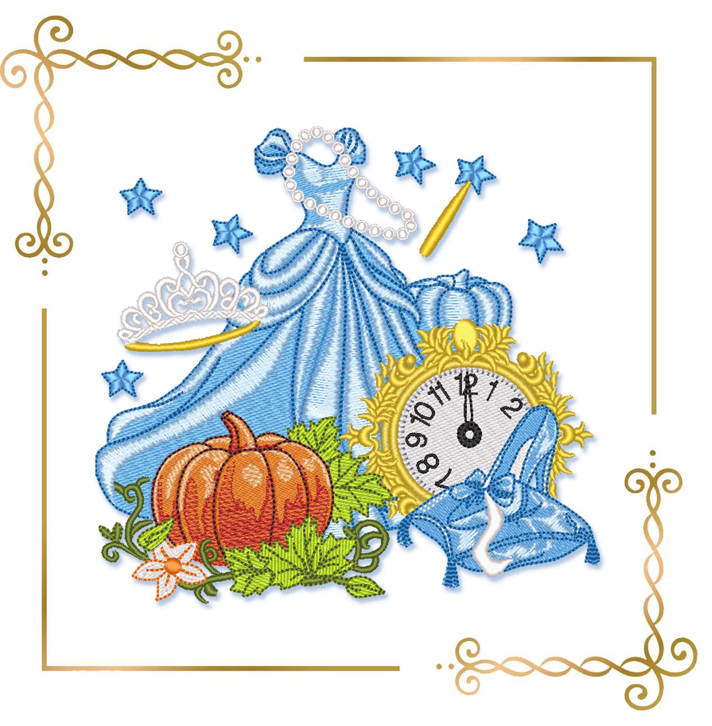 Fairytale Princess Embroidery Design, Cinderella Inspired Dress, Pumpkin Clock Glass Slipper, Machine Embroidery File
