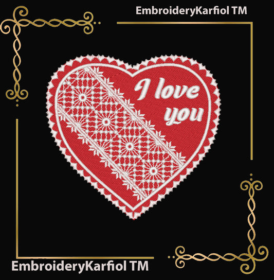 Valentines day Heart Embroidery Design, I Love You, Romantic Valentine Filet Lace Heart (3 Sizes)