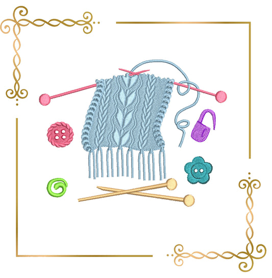 Christmas Knitting Themed Embroidery Design with Decorative Elements 2 sizes