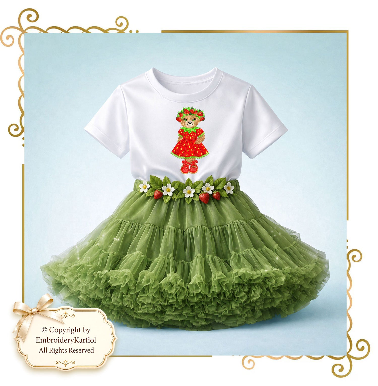 Strawberry Bear Embroidery Design – Teddy in Strawberry Dress, Summer Machine Embroidery, BearKarfiol Series | 2 Sizes