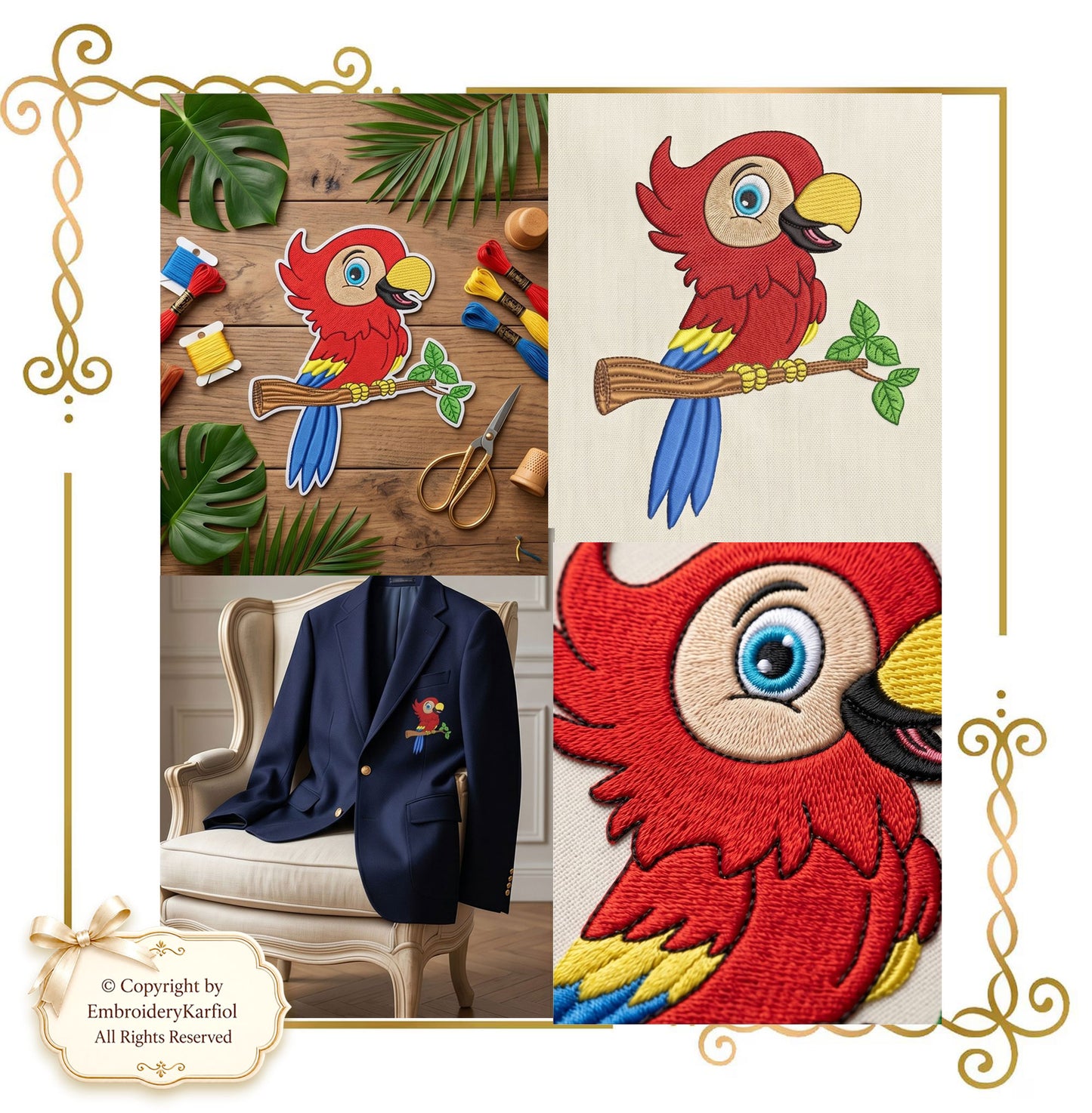 Cartoon Characters Parrot on a branch  2 sizes embroidery design to the direct download gift for child