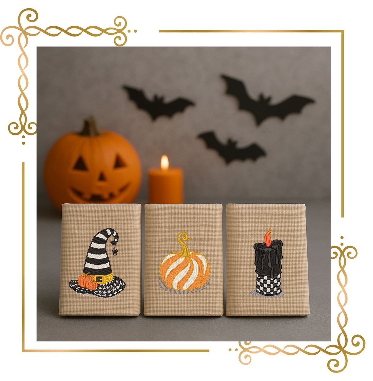 Halloween embroidery designs triptych set – witch hat, pumpkin and gothic candle – spooky machine embroidery patterns