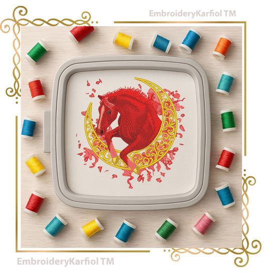 Horse on Moon - Embroidery Design - Chistmas Red Holiday Version and Natural Brown (Digital Download)