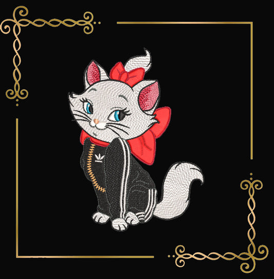 Marie the White Kitten - Super Fashion - cartoon character - Kitty in an Adidas tracksuit- embroidery design digital