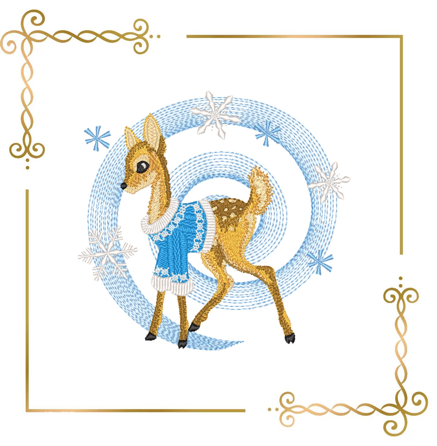 Winter Fawn Embroidery Design – Realistic Knit Texture Deer in Blue Sweater, Christmas Machine Embroidery Pattern (Digital Download)