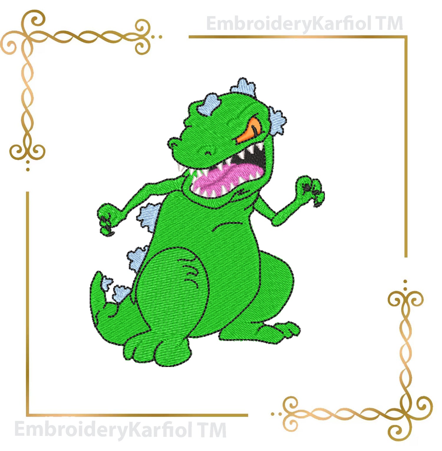Reptar Wagon Embroidery Design | Cartoon Dinosaur Machine Embroidery Pattern | Green Dino