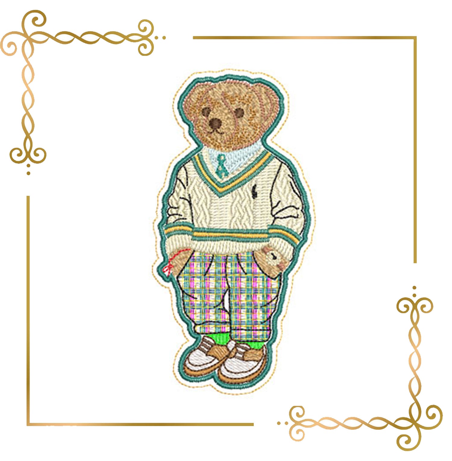 
Teddy Bear Super Fashion  in a knitted sweater and in plaid pants style of Ralph Lauren embroidery design digital