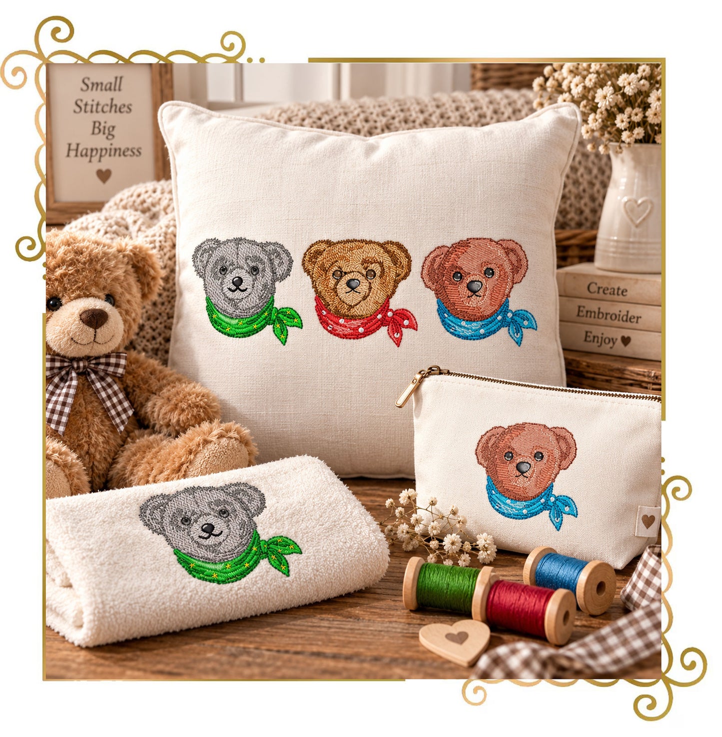 Teddy Bear Classic Style luxury heritage style 3 Elegant Embroidery Designs anthropomorphic bear with Bandanas Vintage to Modern Evolution 3 Bears 3 Sizes