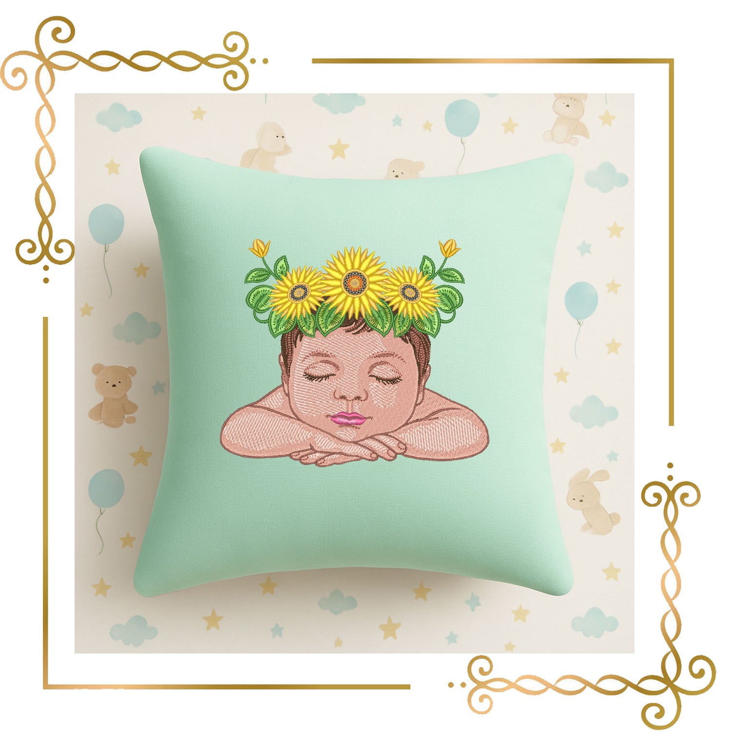 Mother's day, MOM, Baby with Sunflower Crown Embroidery Design – Sleeping Baby Machine Embroidery – Instant Download
