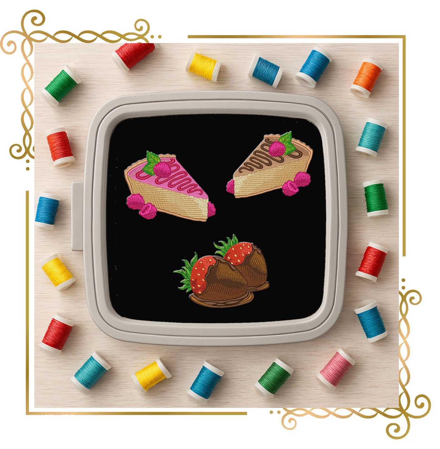 Dessert Embroidery Design Set – Chocolate, Raspberry Cakes, Strawberries (Instant Download)