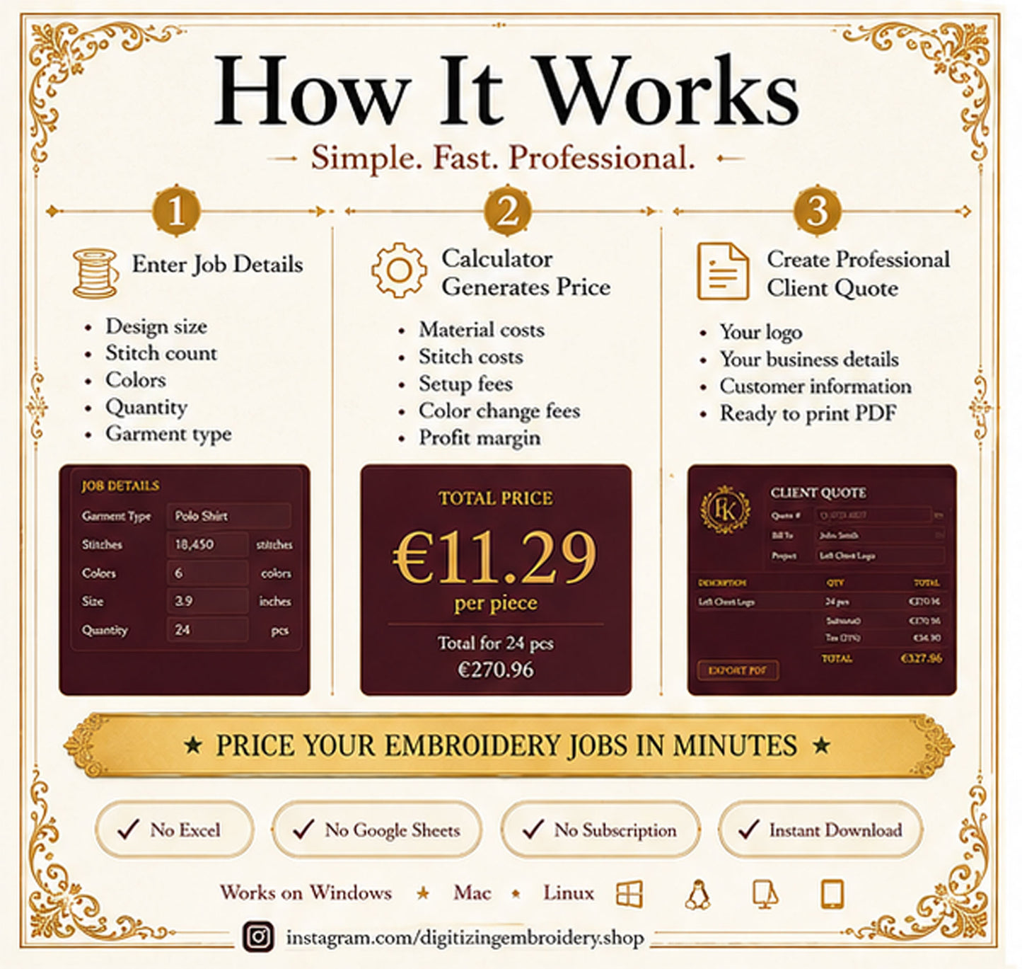 Embroidery Pricing Calculator — Interactive HTML Tool, Quote Builder, Job Log, Bulk Pricing, No Google Sheets - Digital Download