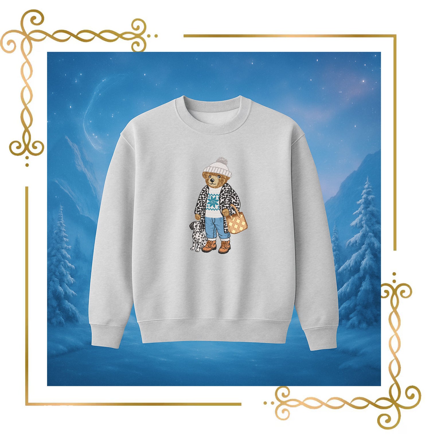 Teddy Bear with Dalmatian Embroidery Design – Cozy Ralph Lauren Style Winter Outfit, Snowflake Sweater