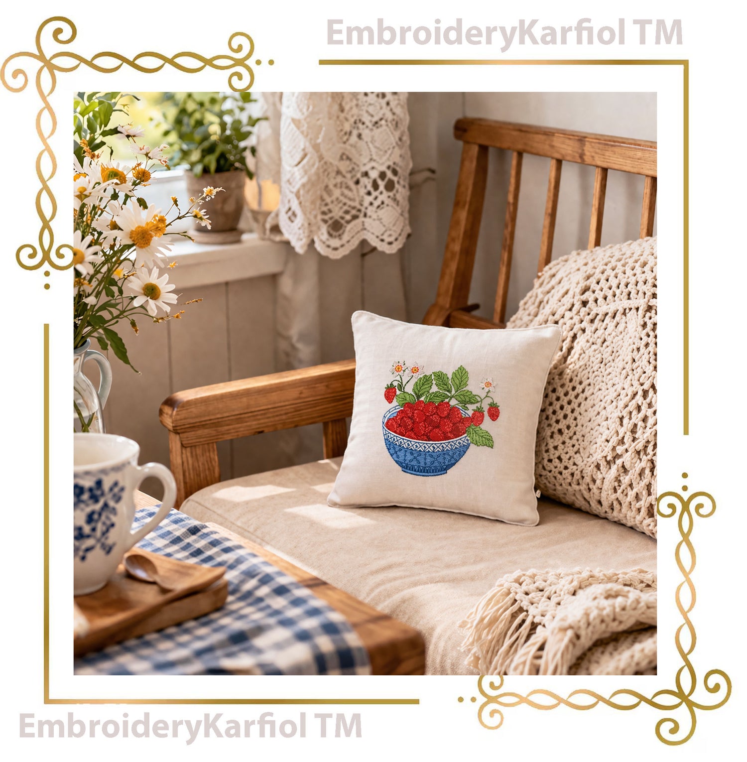 Embroidery Design Wild Strawberries Blue Bowl : Floral Summer Fruit Pattern (4x4 inches) 