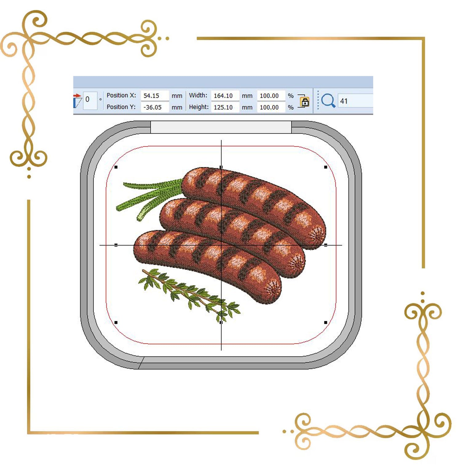 Grilled Sausages Embroidery Design – Sausages with Green Onion & Thyme, Kitchen Decor Machine Embroidery BBQ Grill