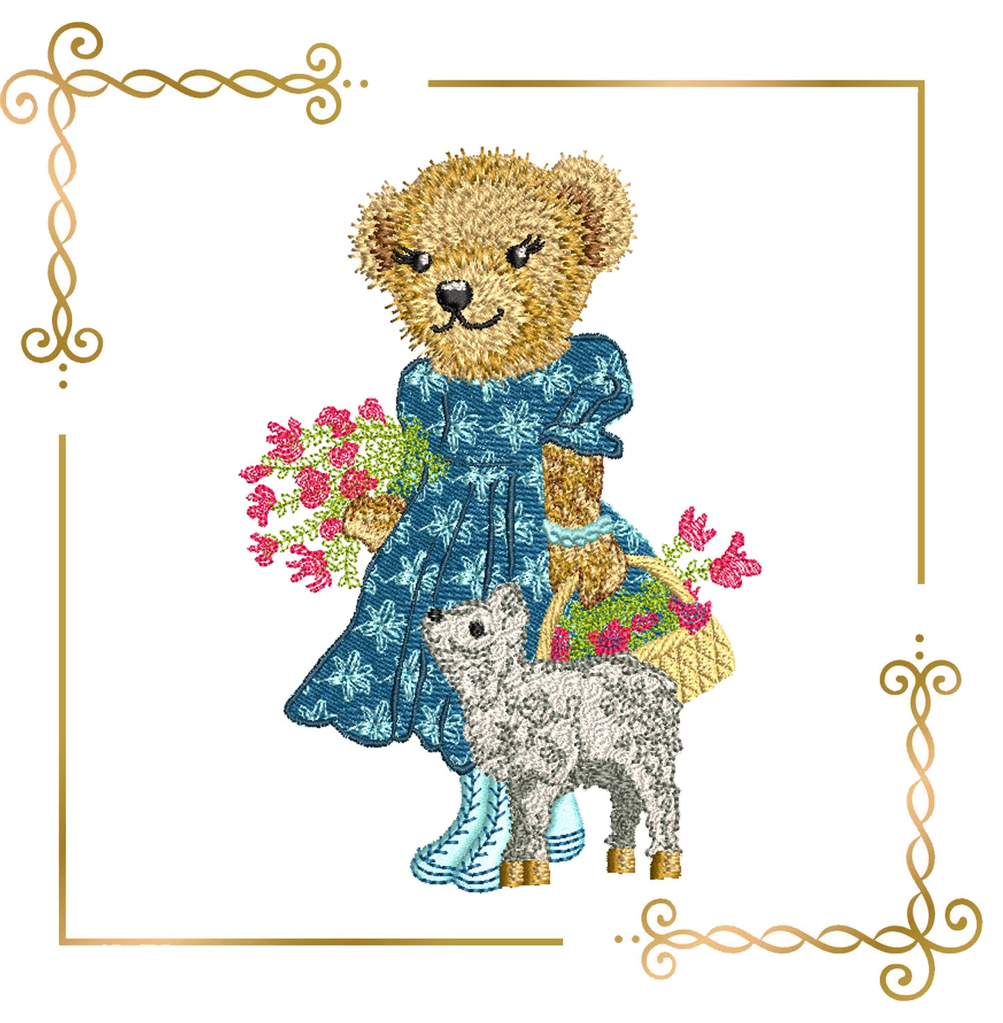 Super Fashion Spring Teddy Bear with Lamb and Flower Basket Embroidery Design