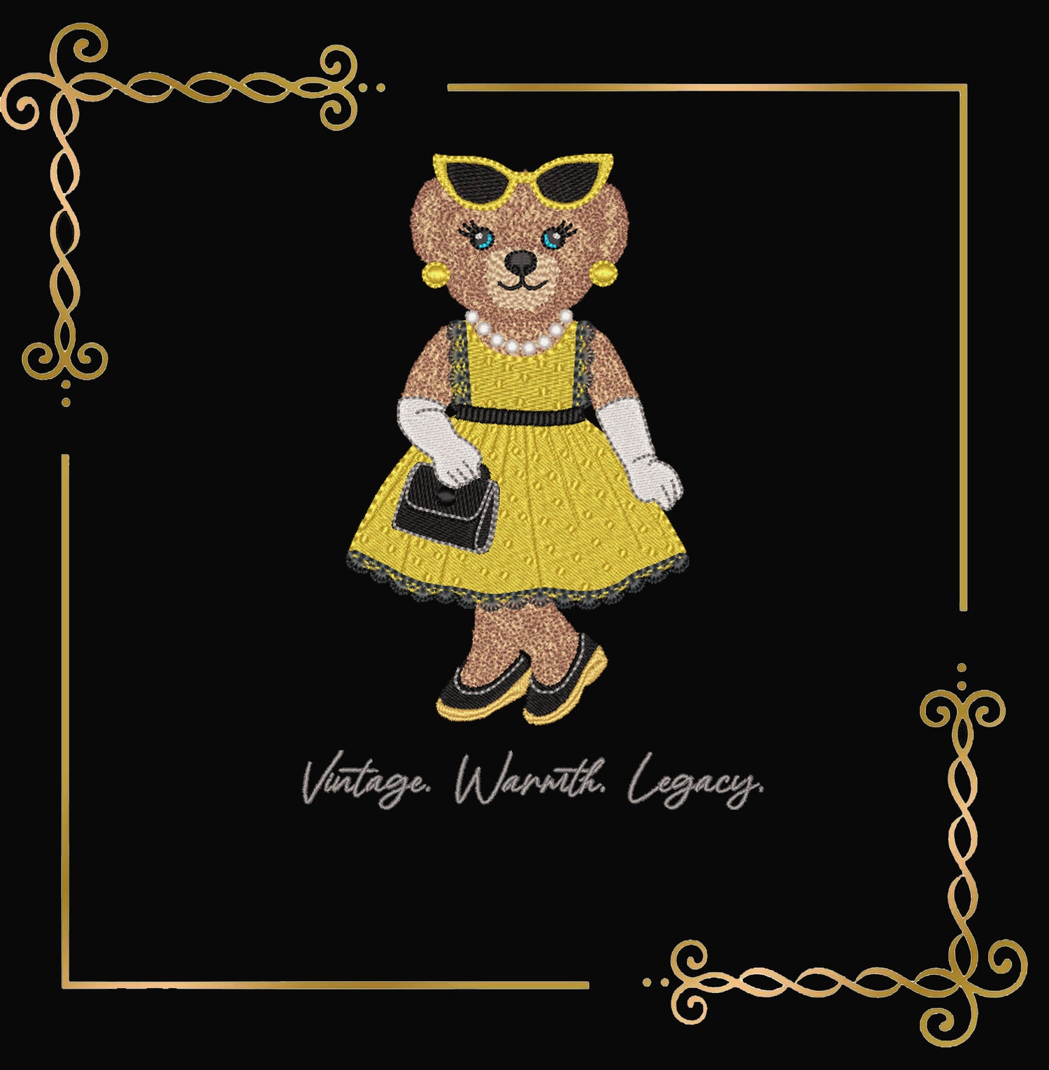 Teddy Bear Embroidery Design – Girl in Gold Dress with Pearls – Vintage Elegant Machine Embroidery File – Cute Retro Bear Pattern