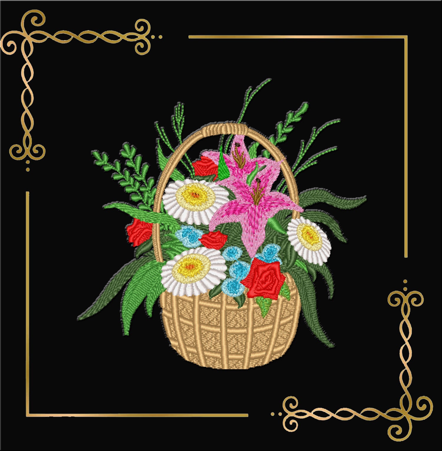 Flowers Flower Basket Embroidery Design, Floral Bouquet, Daisy Rose Lily cottagecore  Summer Pes, Instant Download