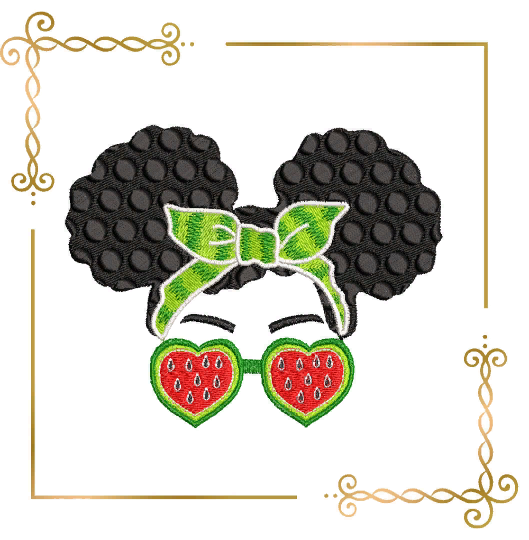 Summer Minnie Mouse head afro american girl glasses Flip flops watermelon machine embroidery design