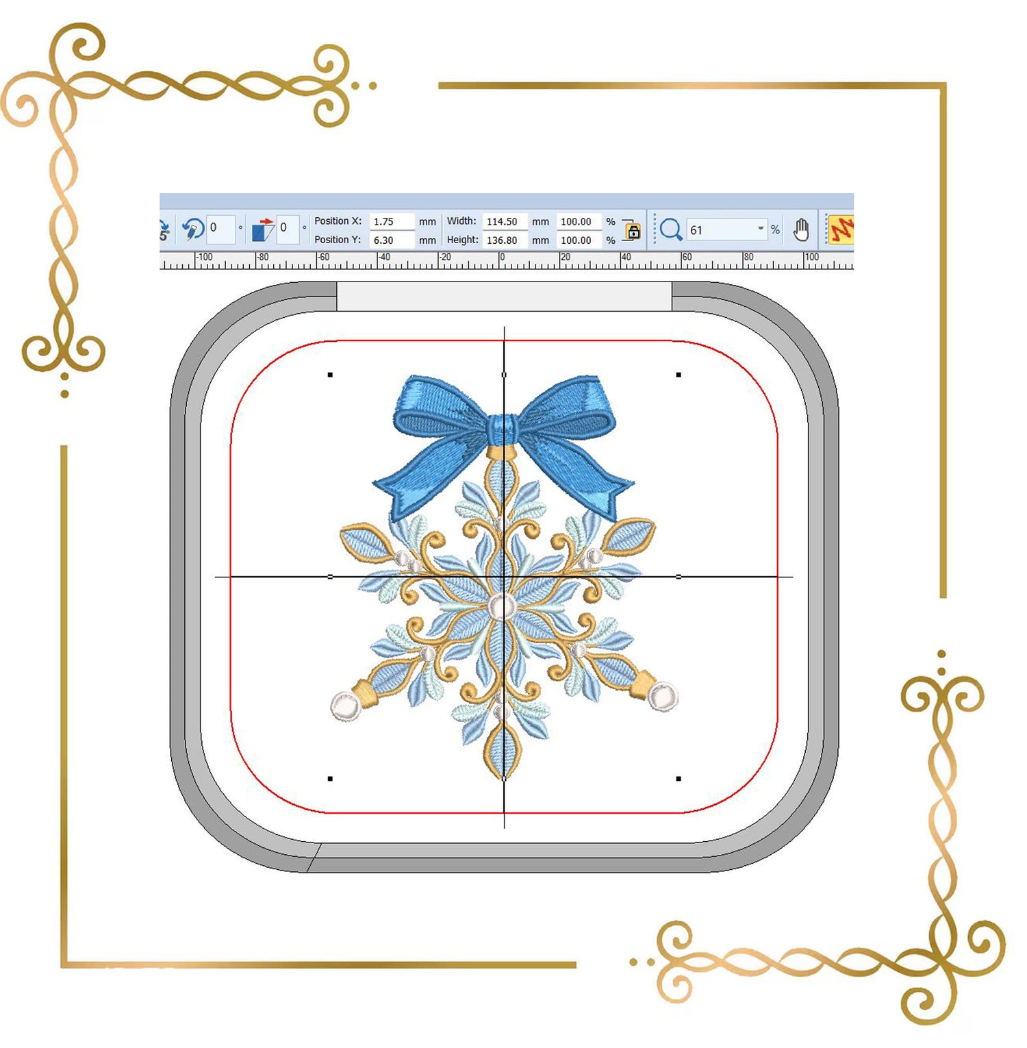 Christmas Snowflake Machine Embroidery Design, Blue Bow Ornament, Winter Holiday Embroidery, Christmas Decor - Digital Download