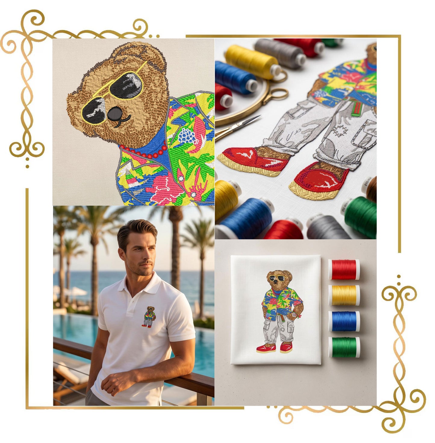 Teddy bear “Tropical motifs” Fashionable bear wearing glasses and a shirt with tropical motifs Embroidery
