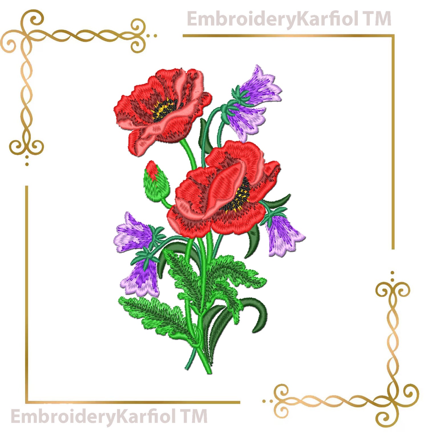 Flowers Poppy and Bellflower Embroidery Design, Red Poppies with Purple Flowers, Wildflower Bouquet Machine Embroidery File