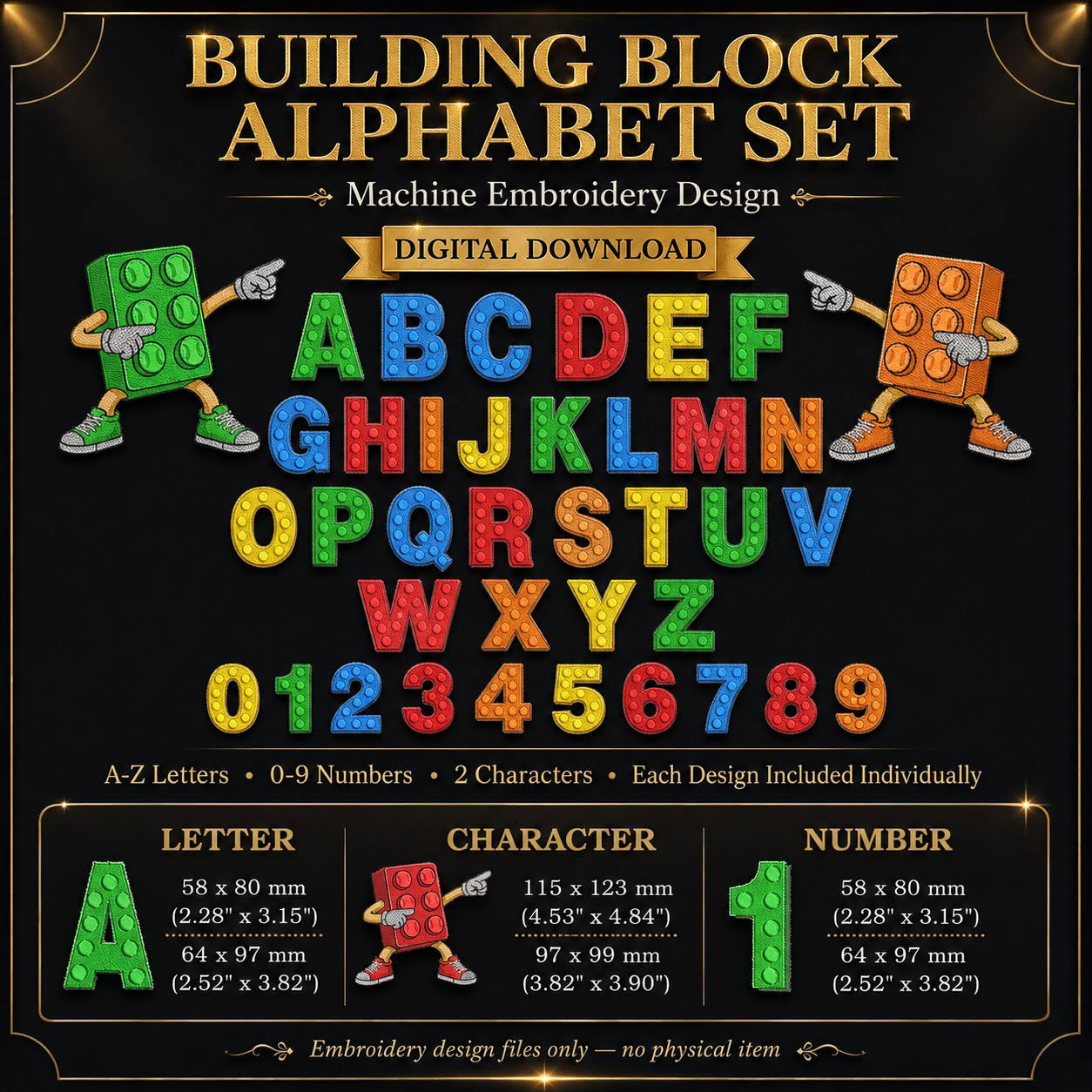 Embroidery design Construction,  Block Alphabet Embroidery Design Set, A-Z Letters, Numbers 0-9, Master Builder architect Characters