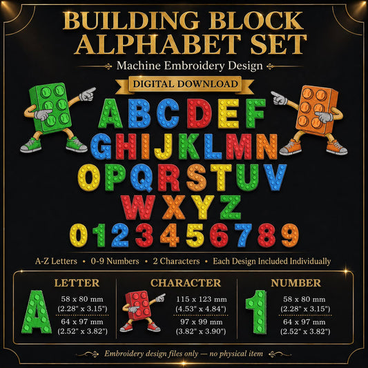 Embroidery design Construction, Block Alphabet Embroidery Design Set, A-Z Letters, Numbers 0-9, Master Builder architect Characters