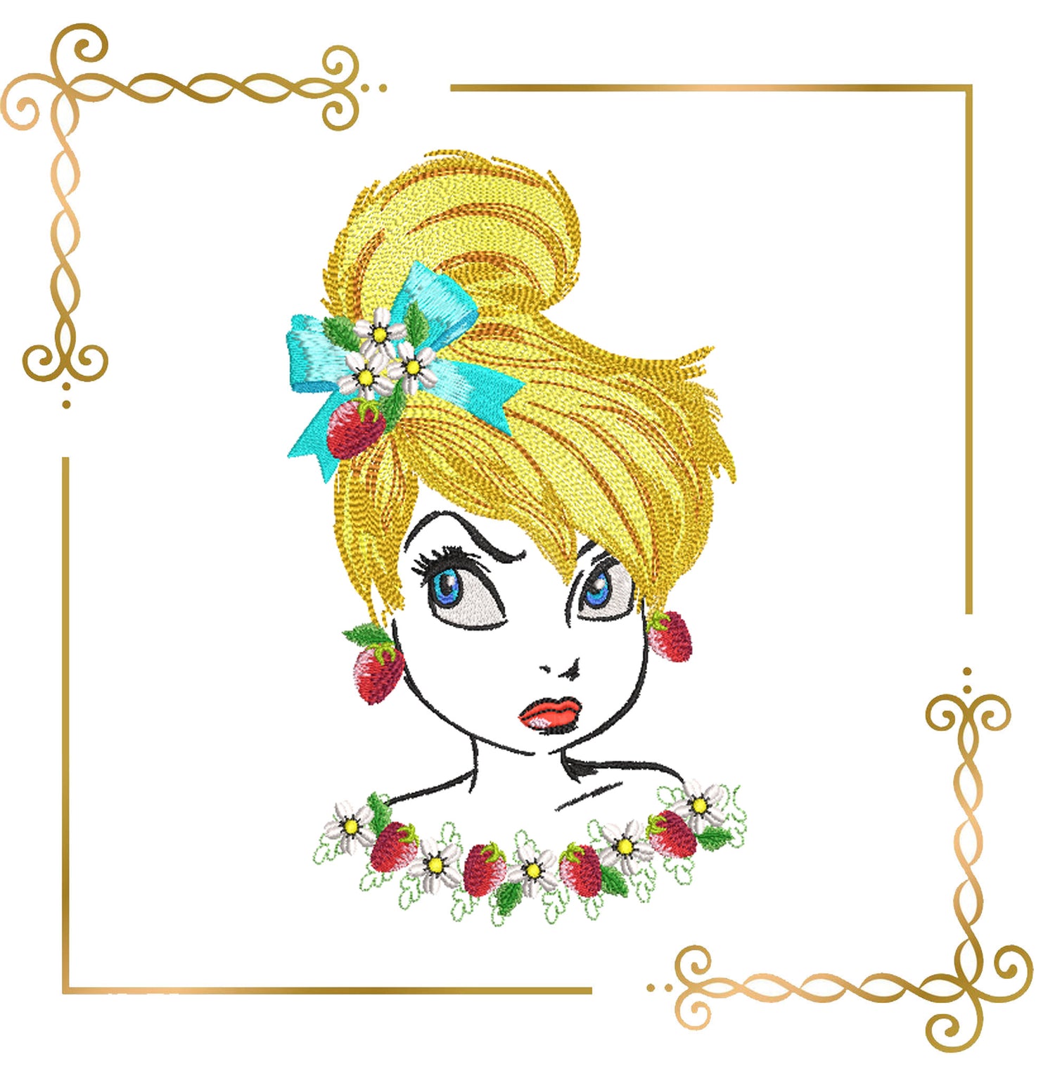 Princess Tinker Bell with bow, strawberry earrings and necklace, 3 sizes digital embroidery design