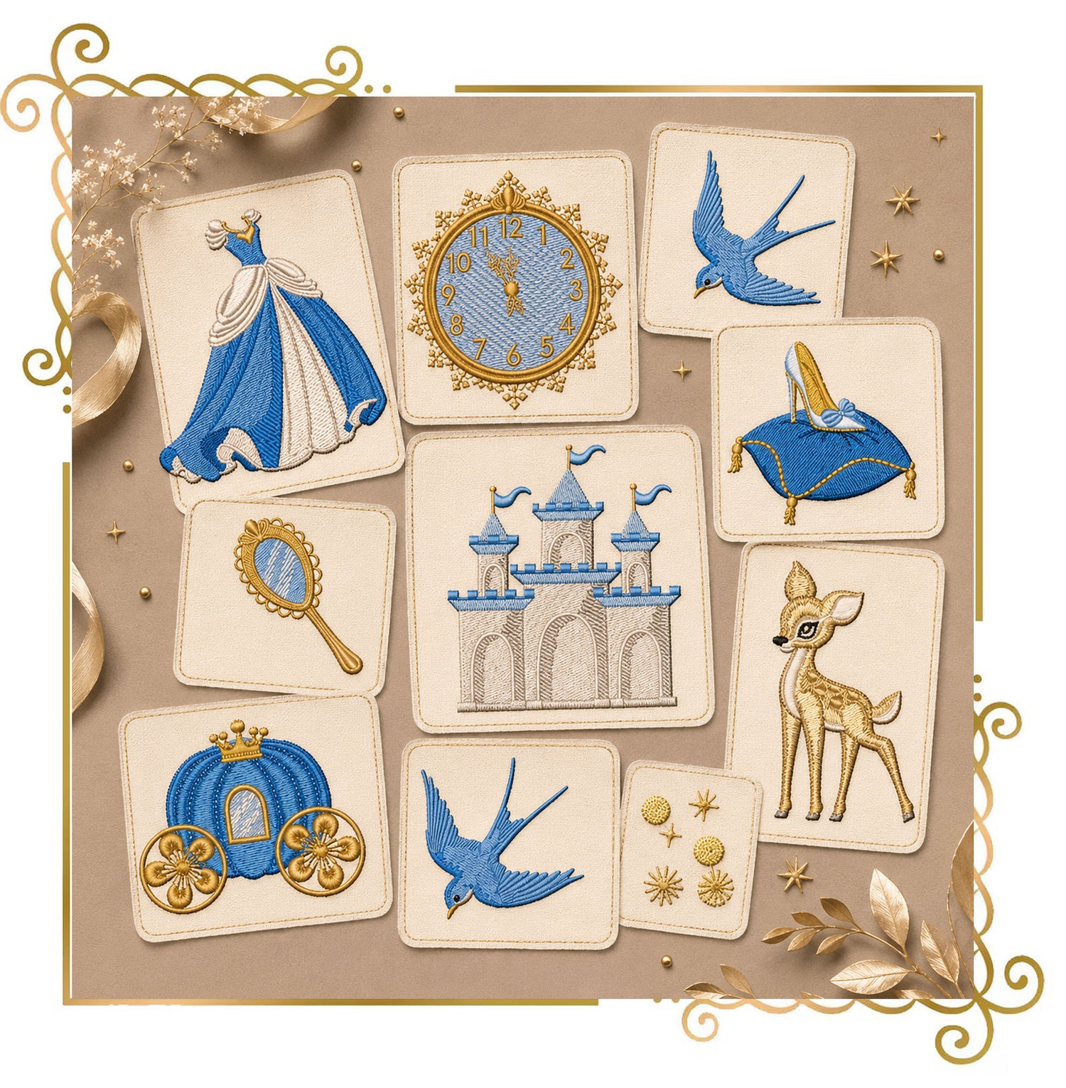 Princess Cinderella Embroidery Design Set – 9 Files Princess, Castle, Carriage, Clock –  Bundle, only manual digitization (Digital)