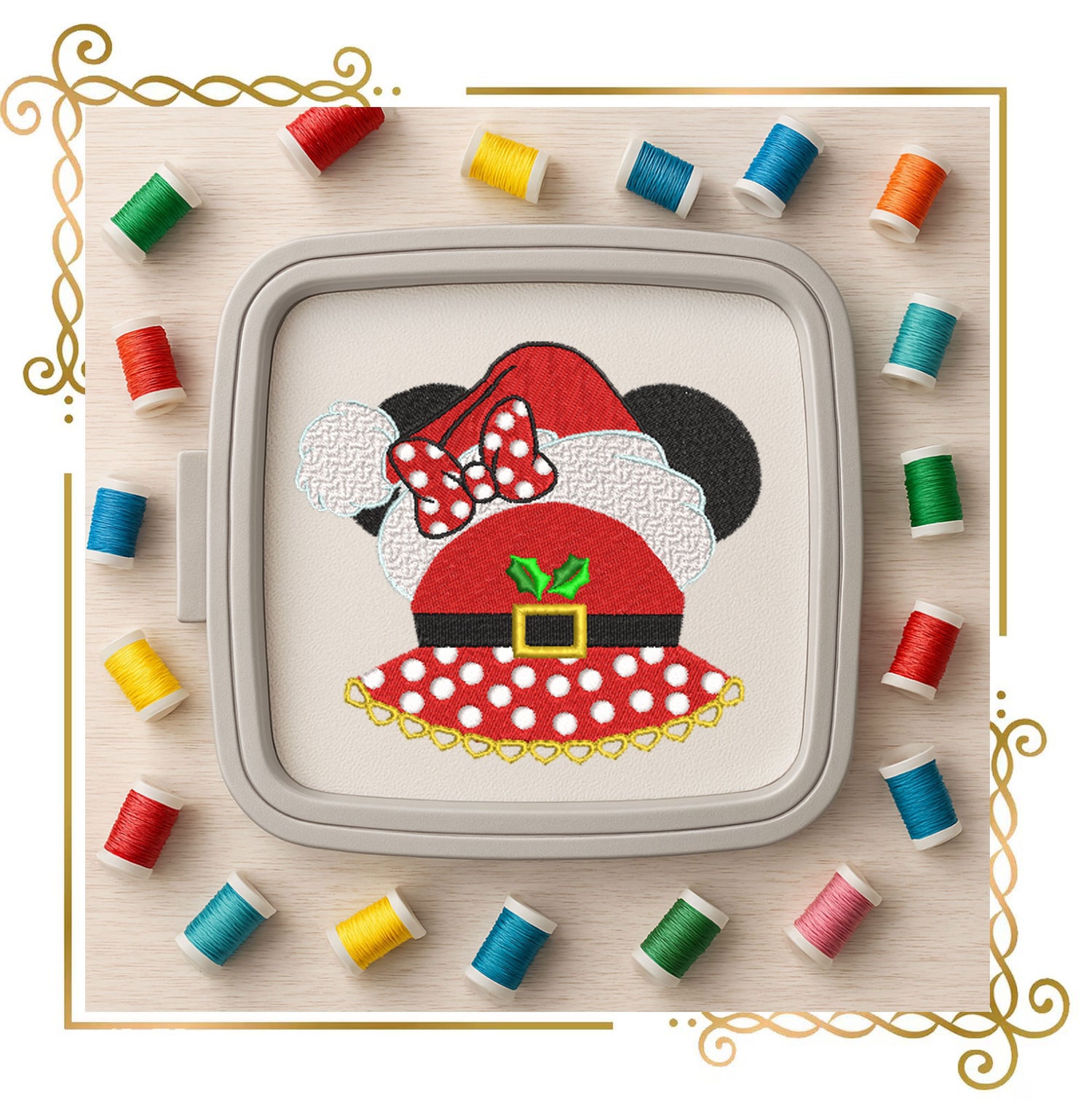 Minnie Mouse Christmas Embroidery Design: Santa Hat, Polka Dot Bow (Digital Pattern)