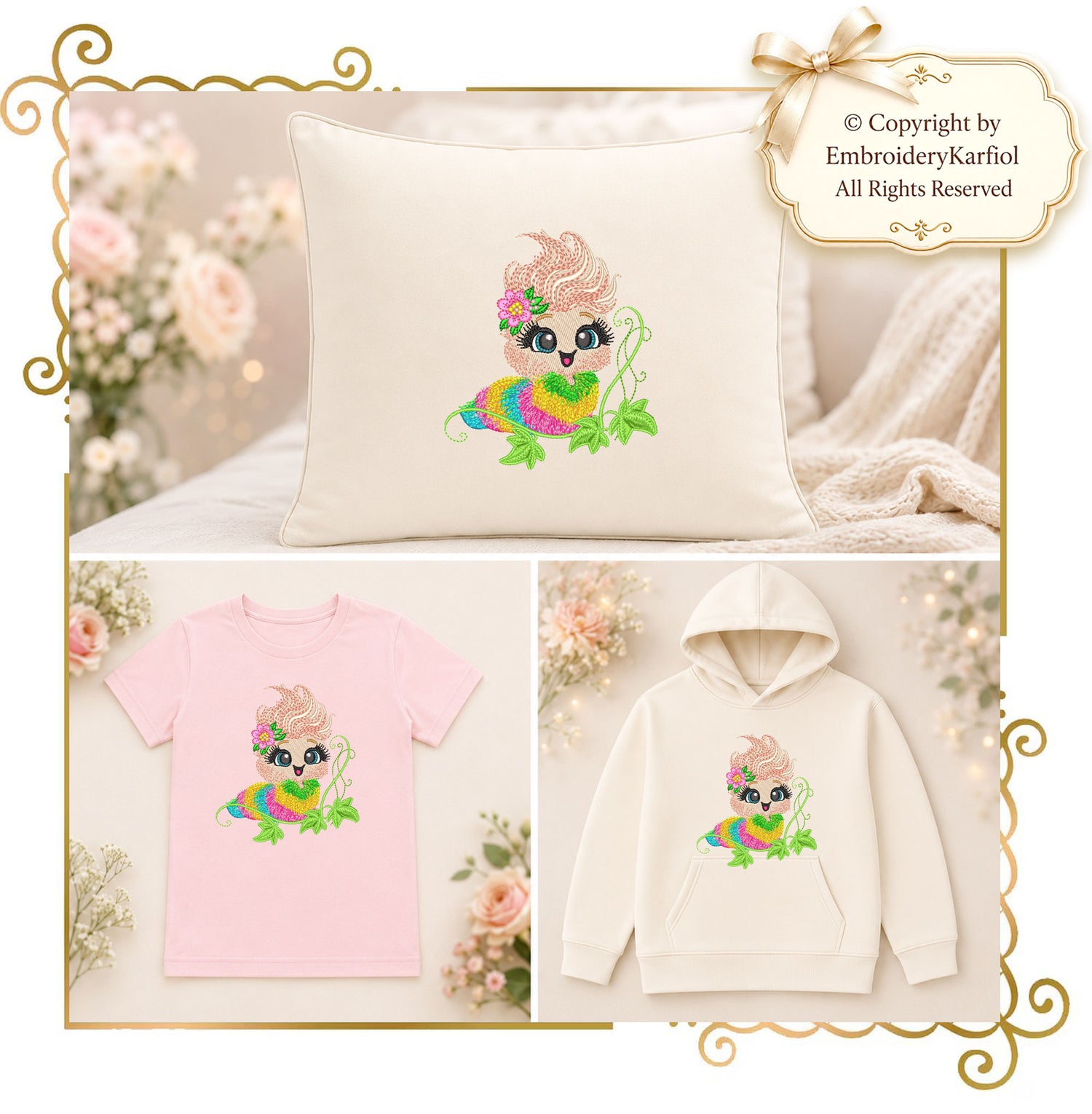 Cartoon Characters Rainbow Fluffy Caterpillar Embroidery Design (Digital Download)