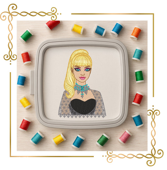 Princess, Barbie Embroidery Design – Glamorous collectible Blonde Doll in Black Lace Dress with Turquoise Necklace – Digital Download