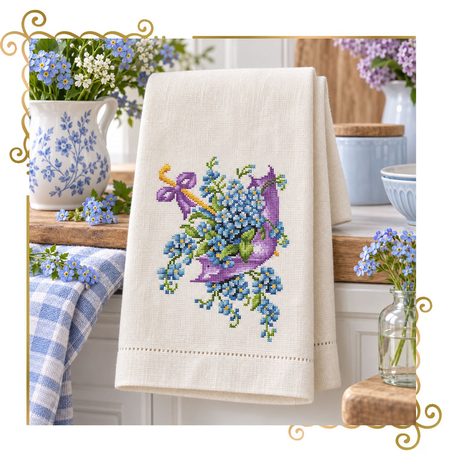 Flowers Umbrella with Forget-Me-Nots Machine Embroidery Design, Cross Stitch Style Floral Embroidery, Blue Flower Design (Instant Download)