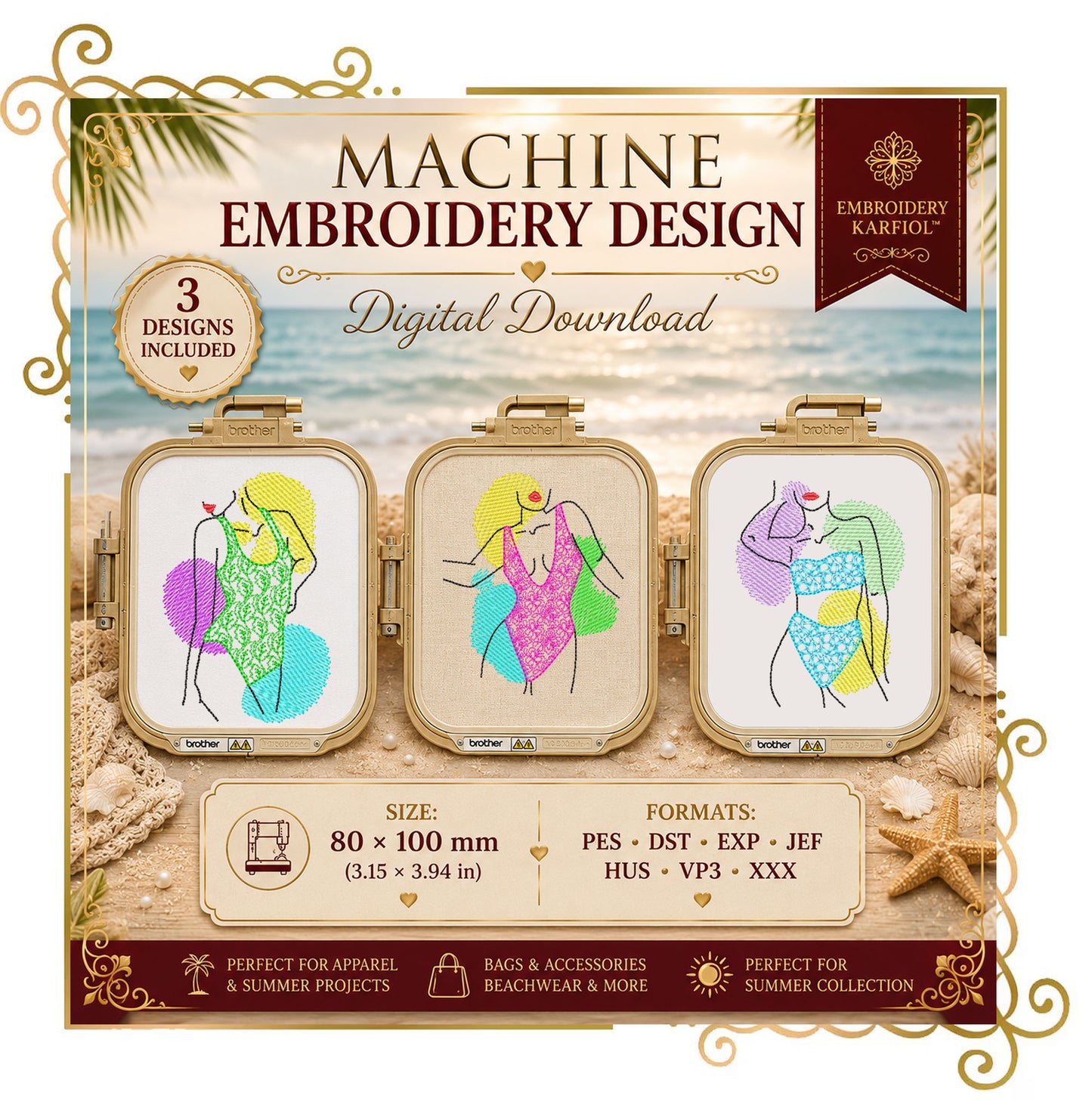 T-shirt Girls in trendy swimsuits embroidery design digital