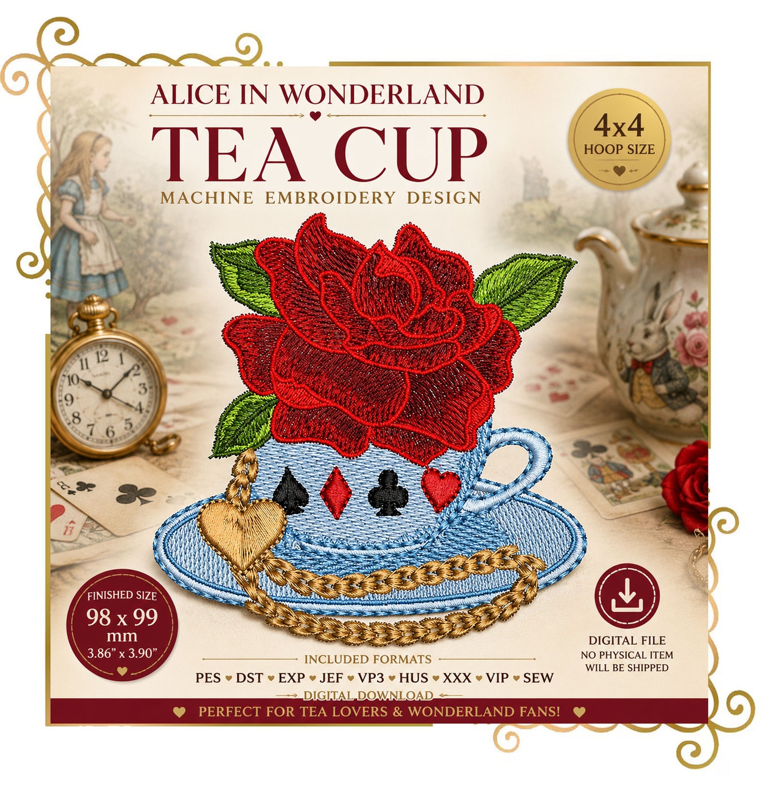 Princess Alice in Wonderland Tea Cup Machine Embroidery Design | Rose Teacup Embroidery | Wonderland Floral Cup |  Digital Download