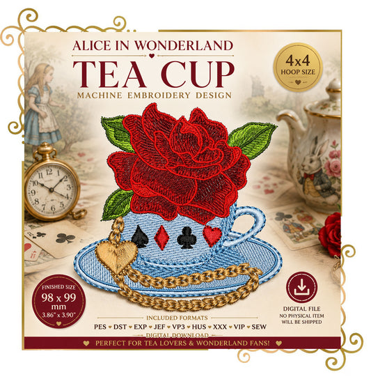 Princess Alice in Wonderland Tea Cup Machine Embroidery Design | Rose Teacup Embroidery | Wonderland Floral Cup | Digital Download
