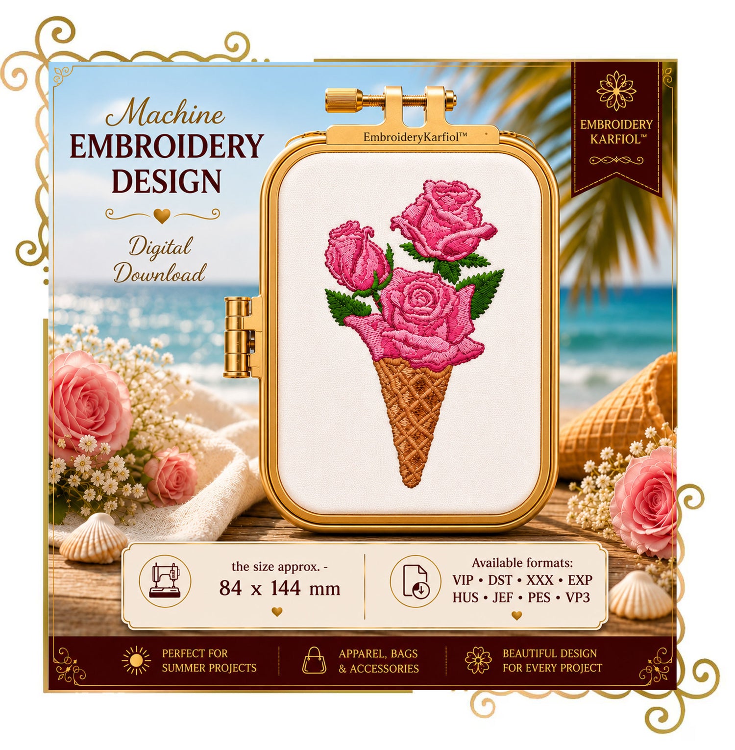 ice cream  Sweet Surprise ice cream roses embroidery design
