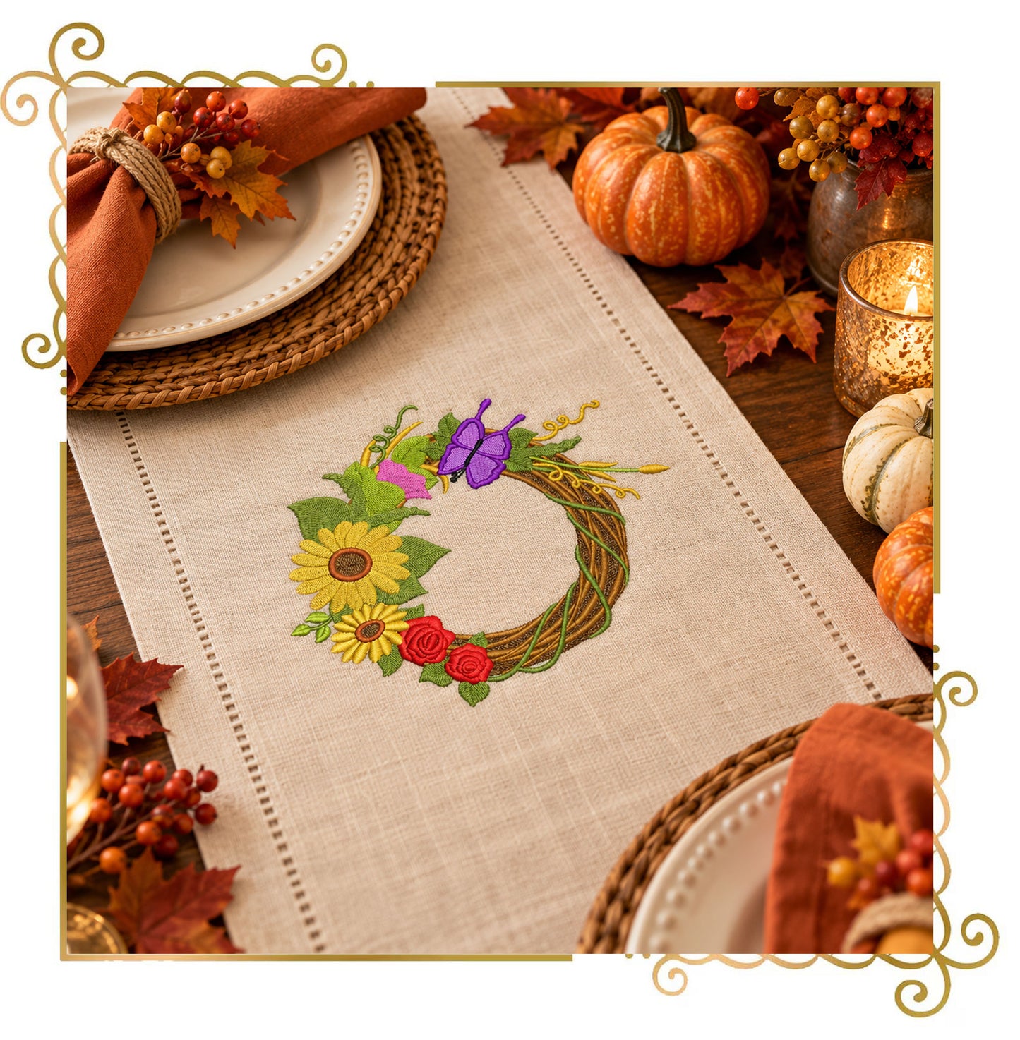 Halloween - Autumn Wreath Machine Embroidery Design, Sunflowers, Grapes and Butterfly (Digital Download)