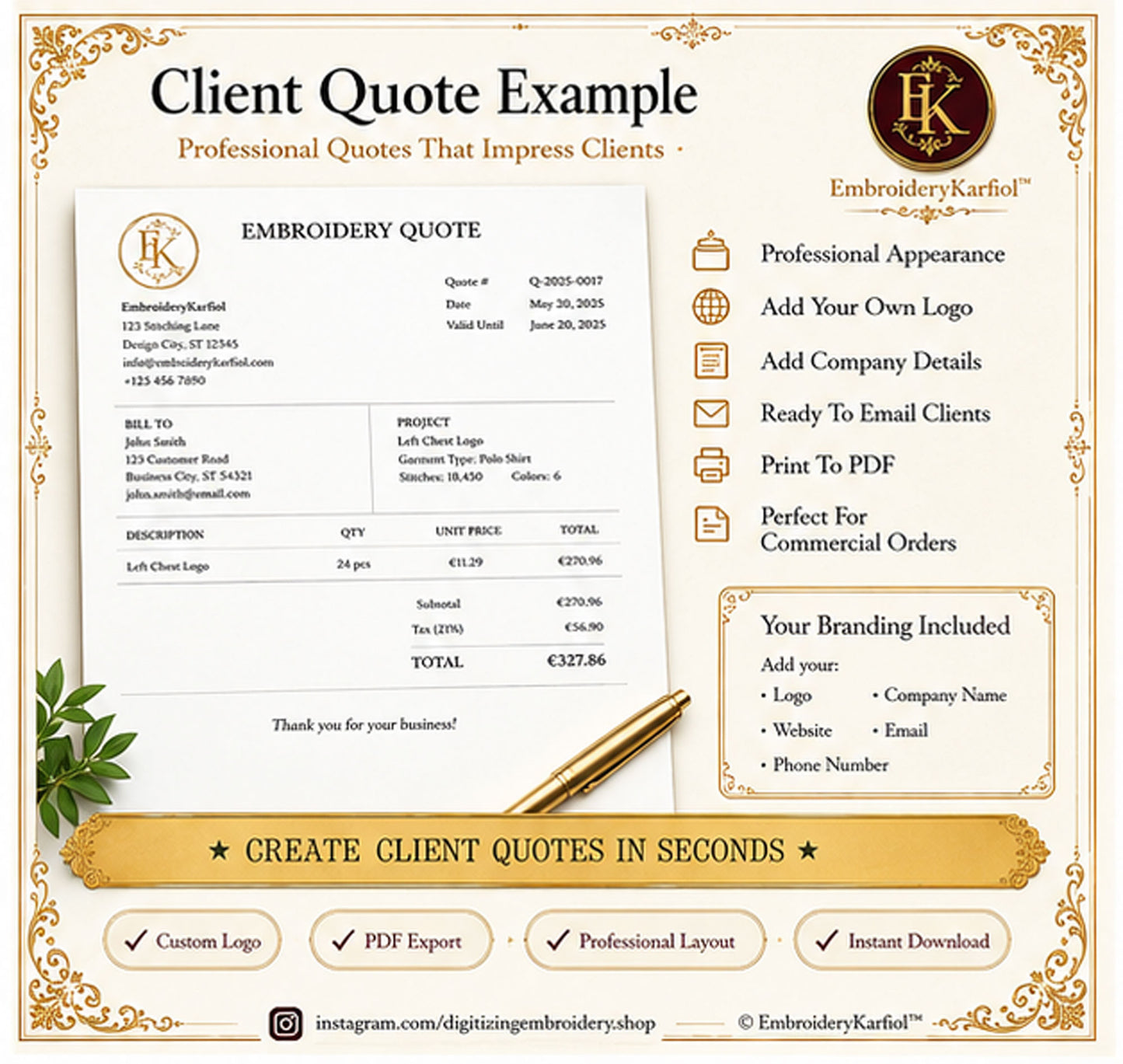 Embroidery Pricing Calculator — Interactive HTML Tool, Quote Builder, Job Log, Bulk Pricing, No Google Sheets - Digital Download