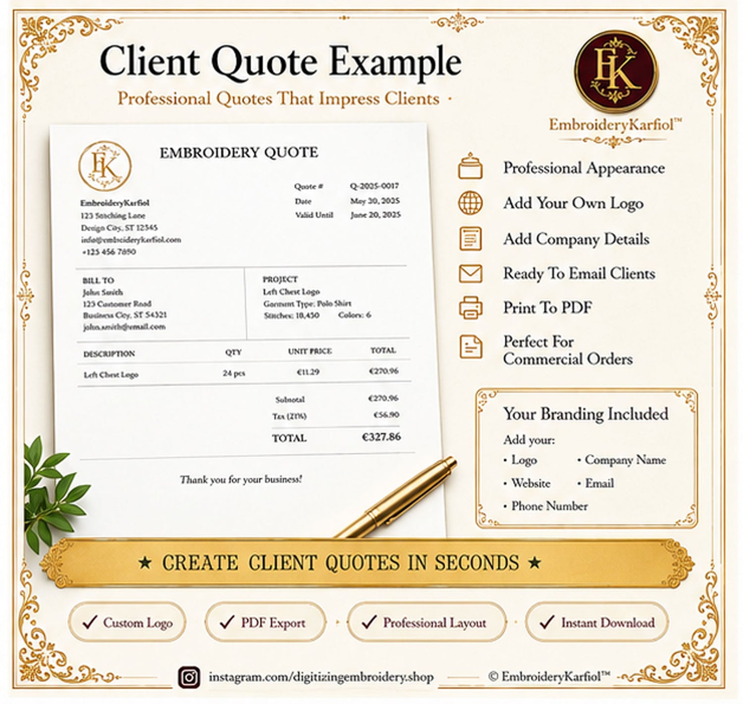 Embroidery Pricing Calculator — Interactive HTML Tool, Quote Builder, Job Log, Bulk Pricing, No Google Sheets - Digital Download
