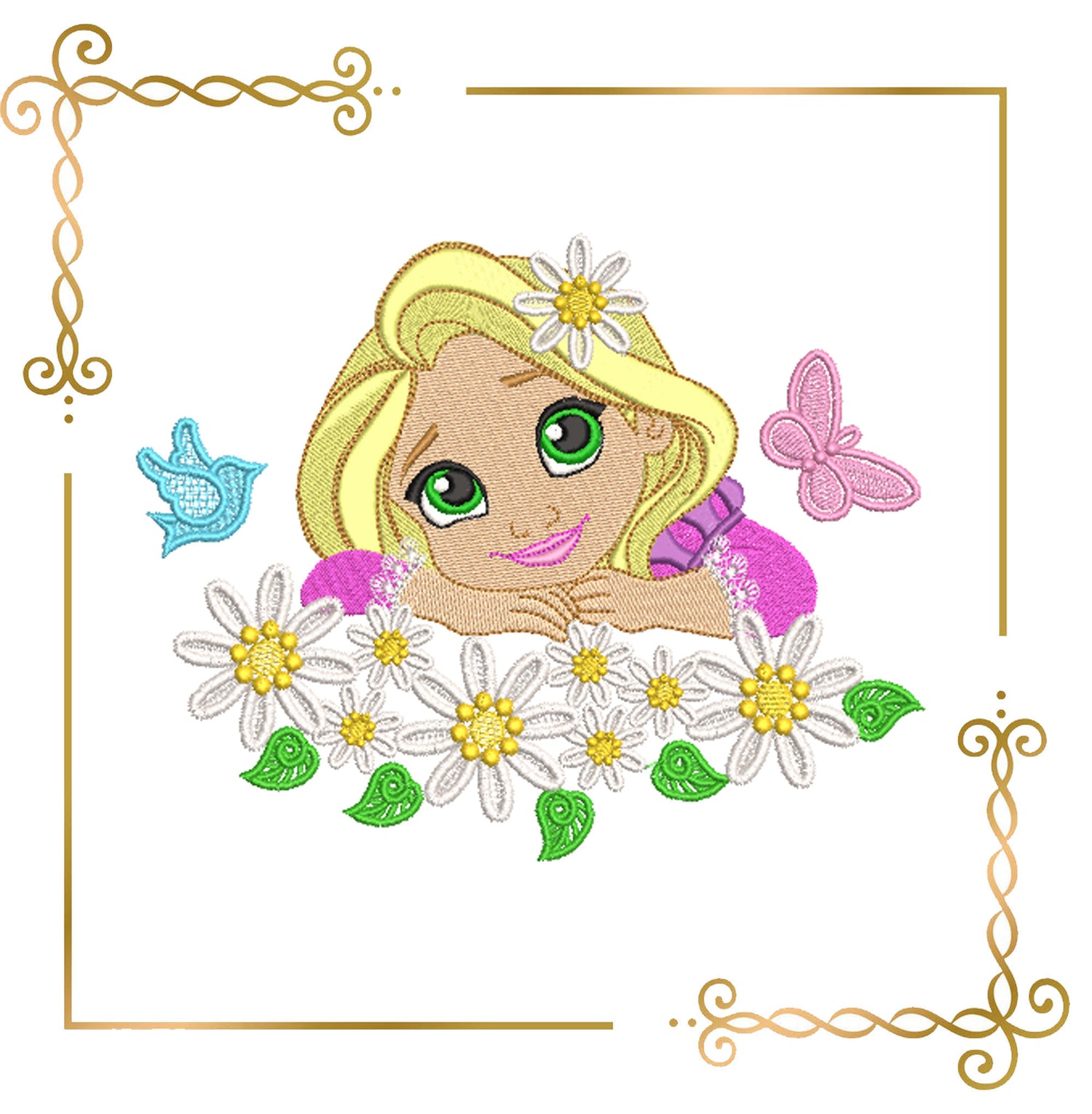 Princess Rapunzel Disney carton character  daisy butterfly bird flowers machine  embroidery design