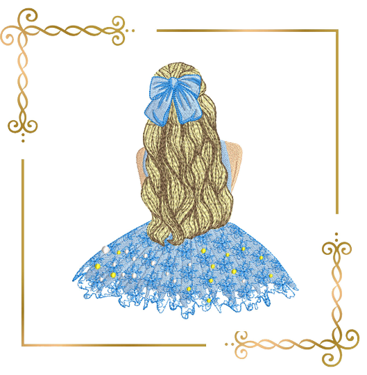 Princess Cute girl wearing beautiful dress wavy hair machine embroidery design