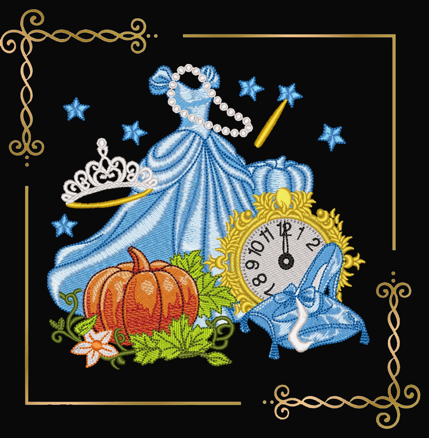 Fairytale Princess Embroidery Design, Cinderella Inspired Dress, Pumpkin Clock Glass Slipper, Machine Embroidery File