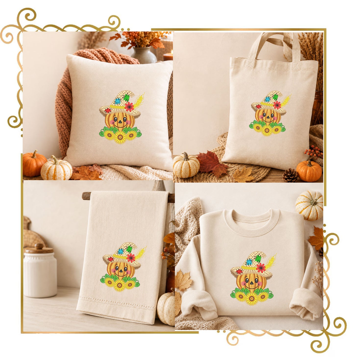 Halloween - Pumpkin Scarecrow Machine Embroidery Design, Fall Sunflower , Autumn Pumpkin, Harvest Halloween Digital Download