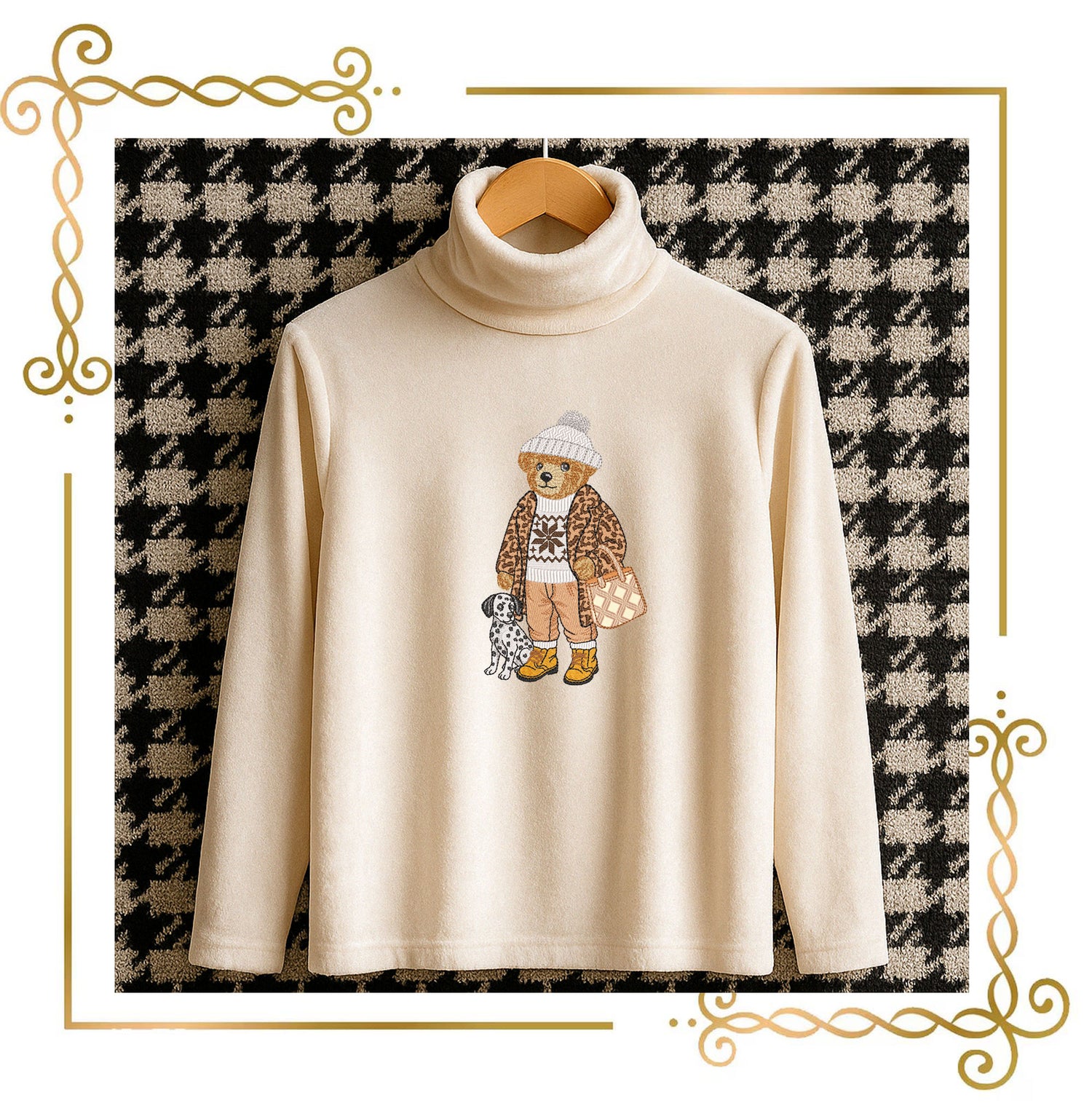 Teddy Bear with Dalmatian Embroidery Design – Cozy Ralph Lauren Style Winter Outfit, Snowflake Sweater